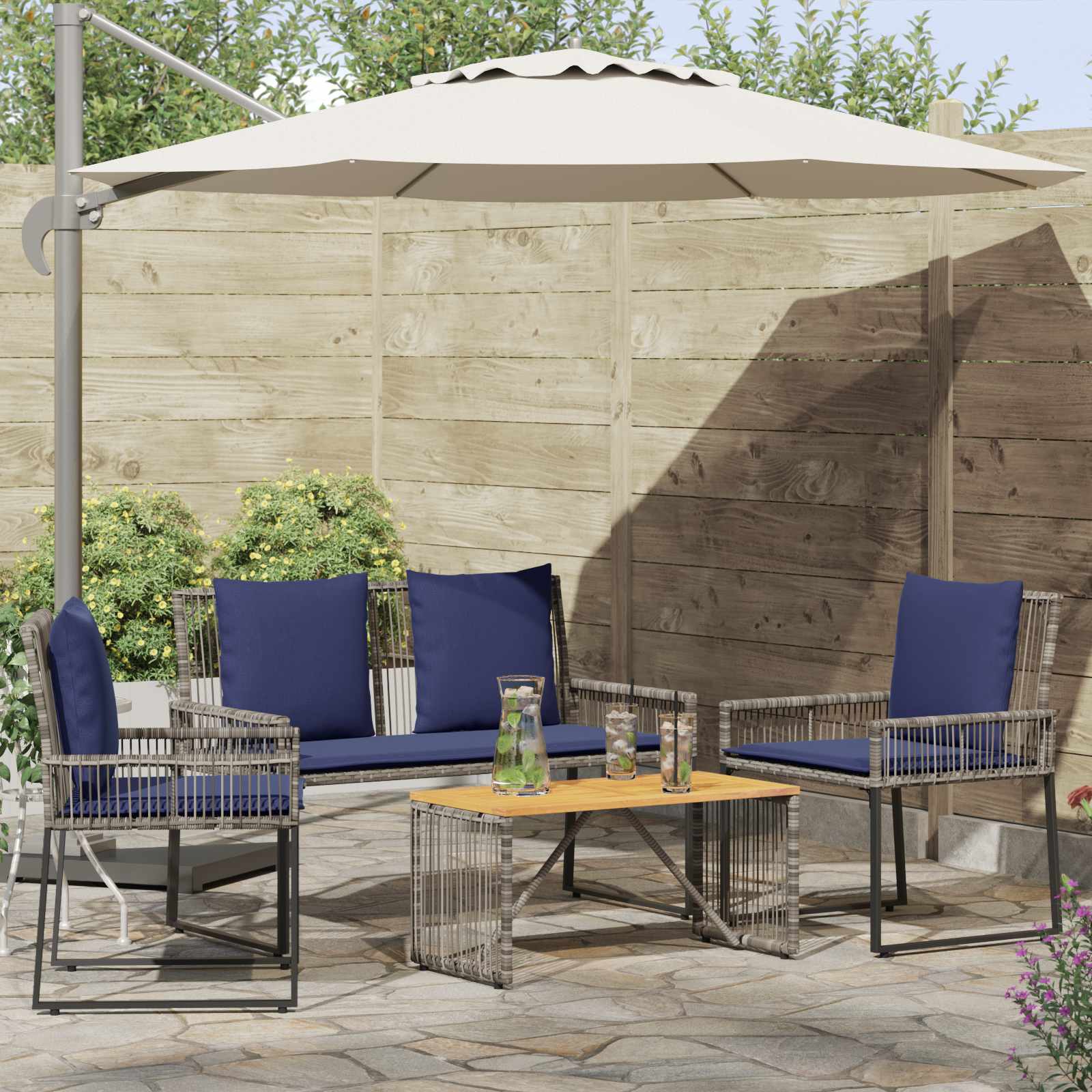 Gartenmöbel Set 9 pcs Grau und Marineblau Poly-Rattan