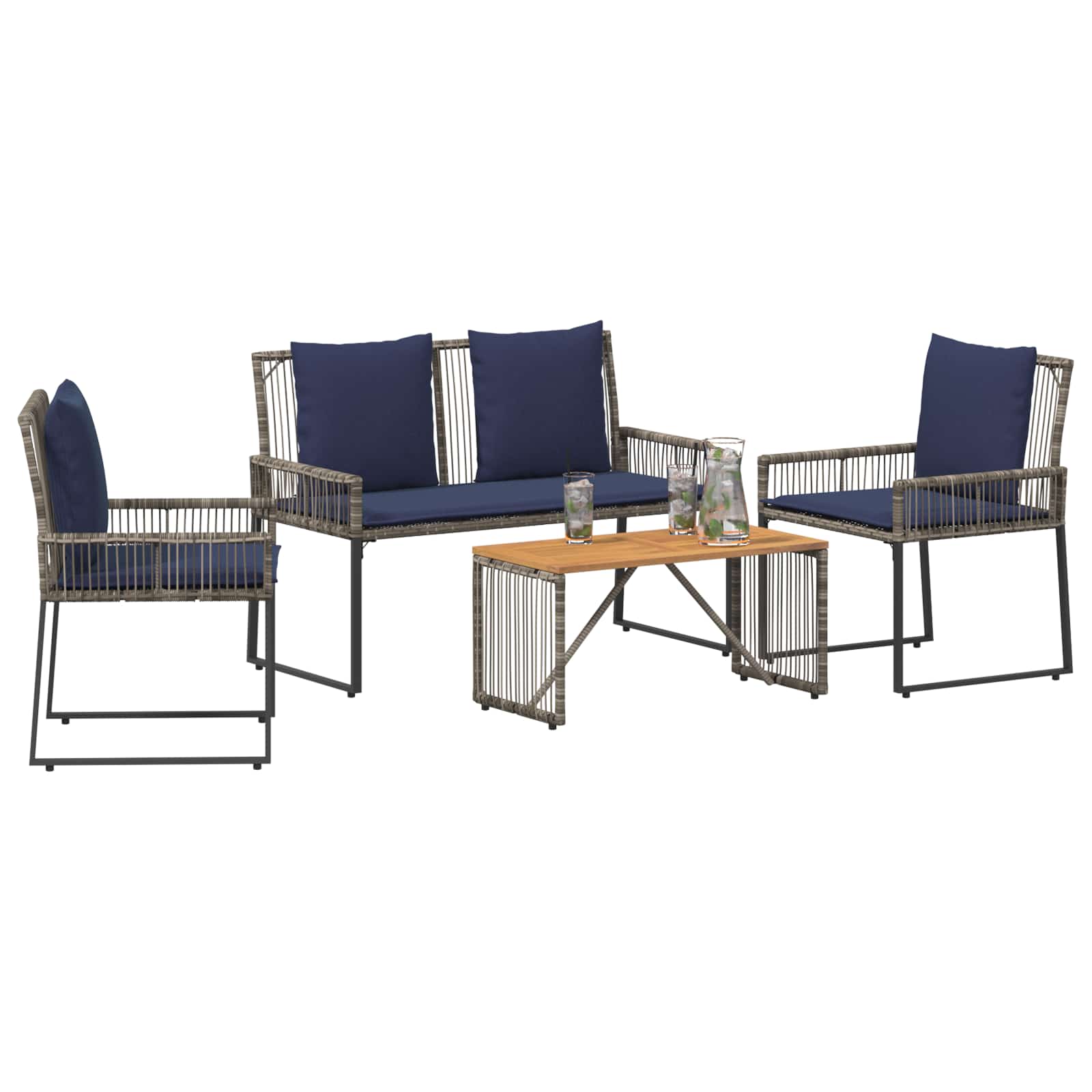 Gartenmöbel Set 9 pcs Grau und Marineblau Poly-Rattan