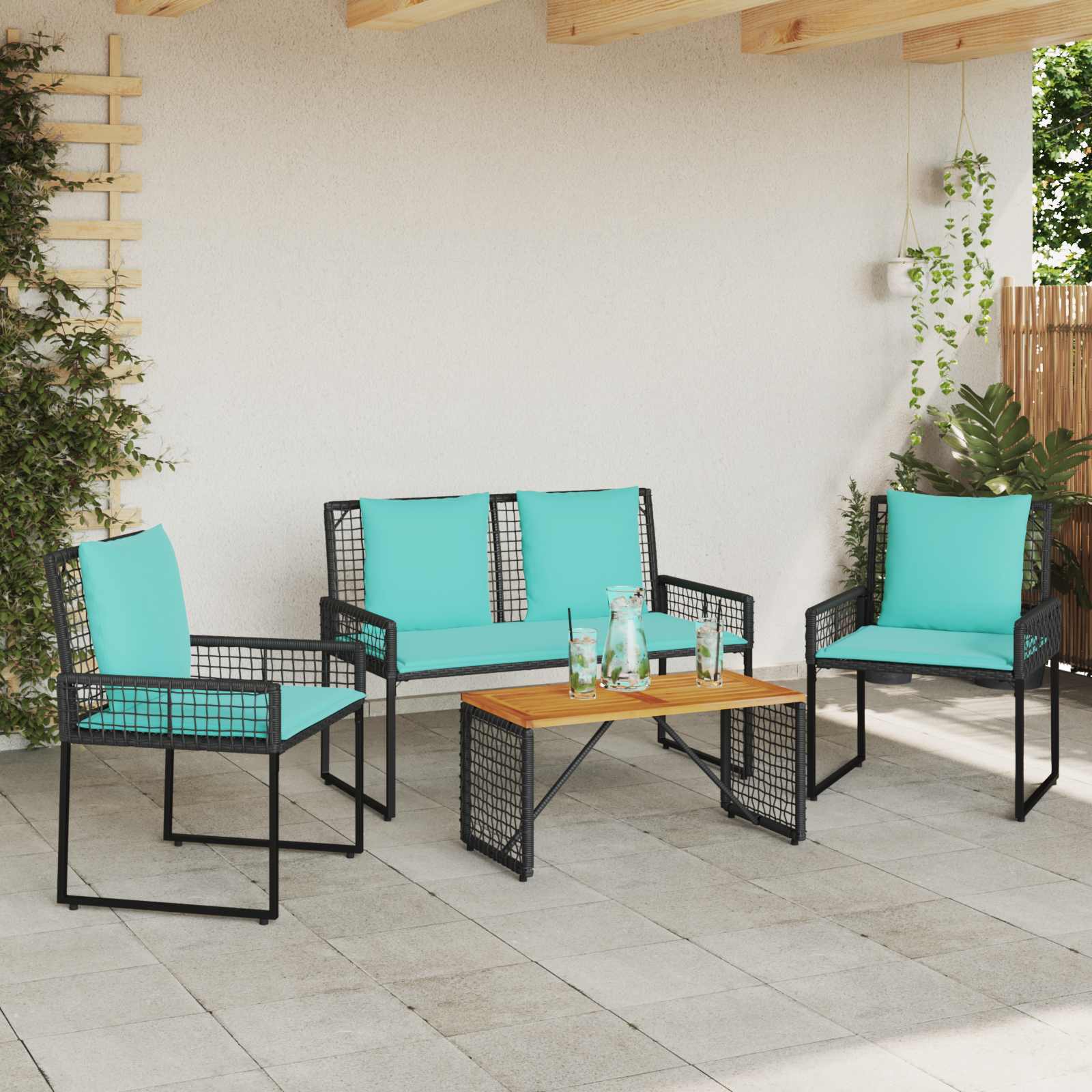Gartenmöbel-Set mit Kissen 4 pcs Schwarz und Türkis