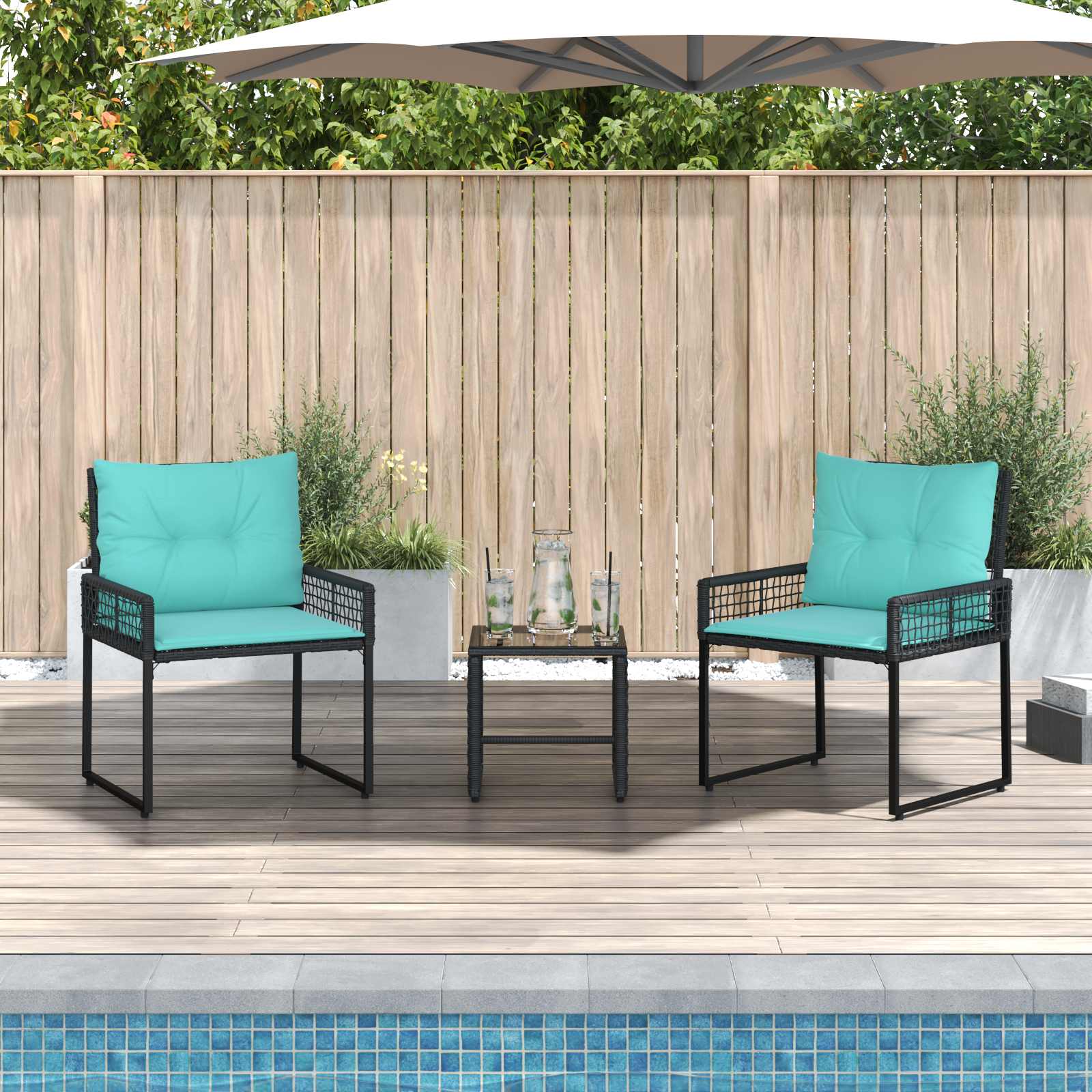 Gartenmöbel-Set mit Kissen 3 pcs Schwarz und Türkis