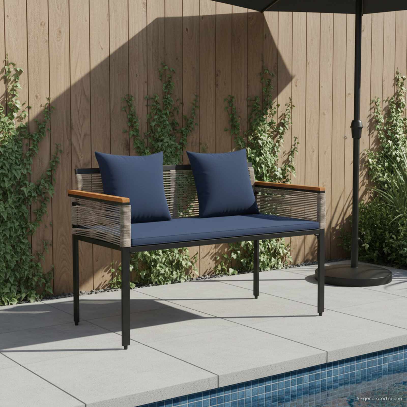 Bank Outdoor Grau und Marineblau 117 x 54 x 74,5 cm Poly-Rattan
