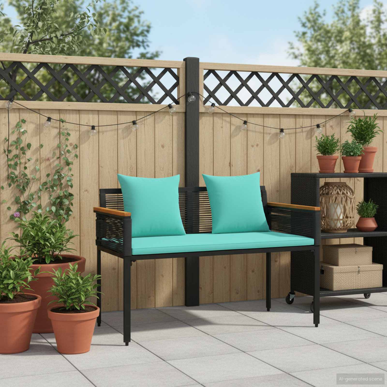 Bank Outdoor Schwarz und Türkis 117 x 54 x 74,5 cm Poly-Rattan