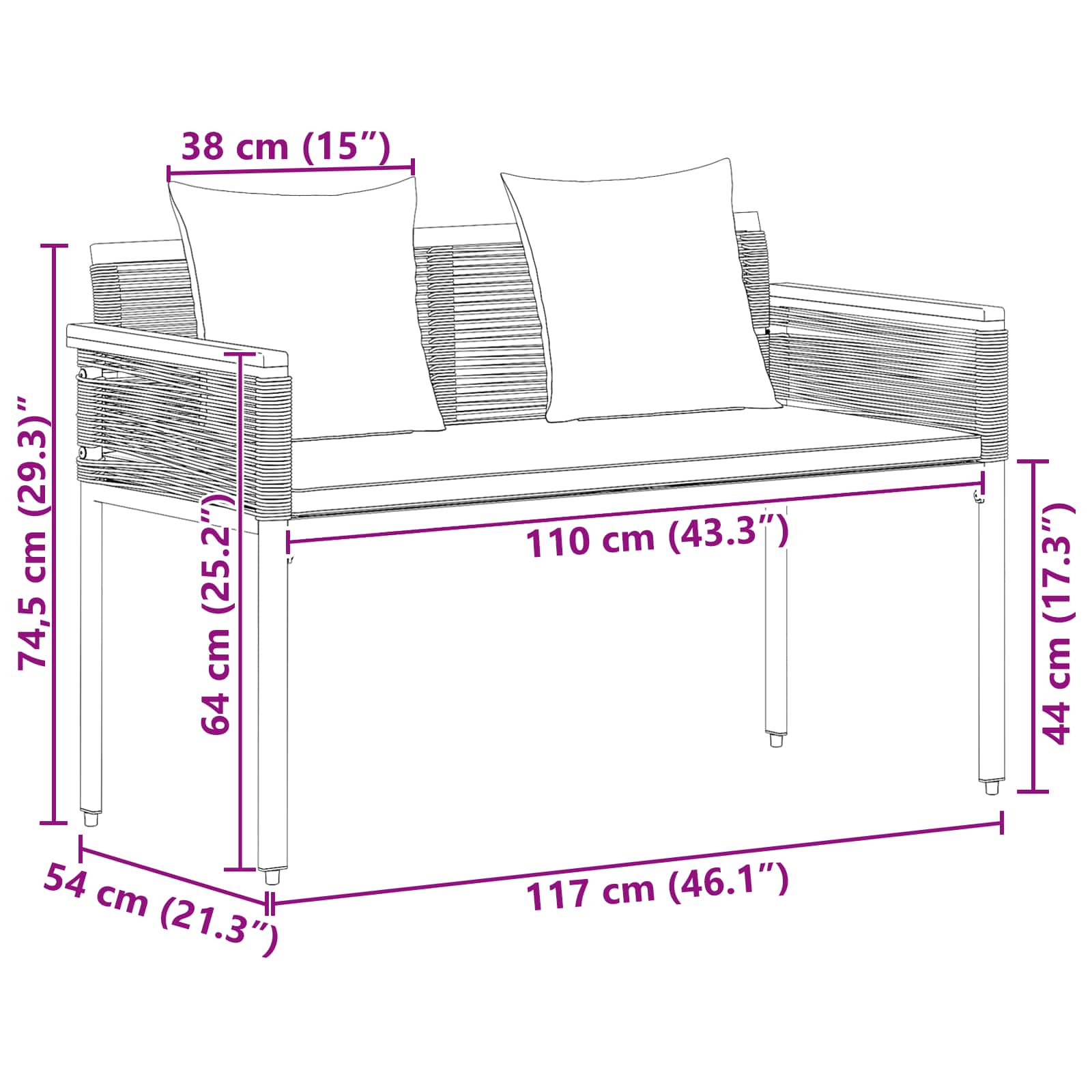 Bank Outdoor Schwarz und Türkis 117 x 54 x 74,5 cm Poly-Rattan