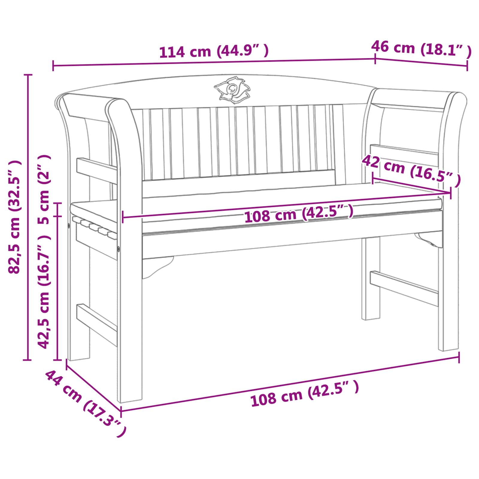 Rosenbank Natur 114 x 46 x 82,5 cm Massivholz Akazie