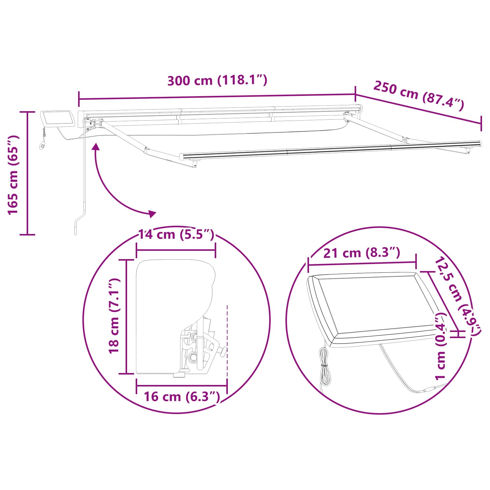 Manueller Markisenrahmen mit LEDs Weiß 3 x 2,5 m Aluminium