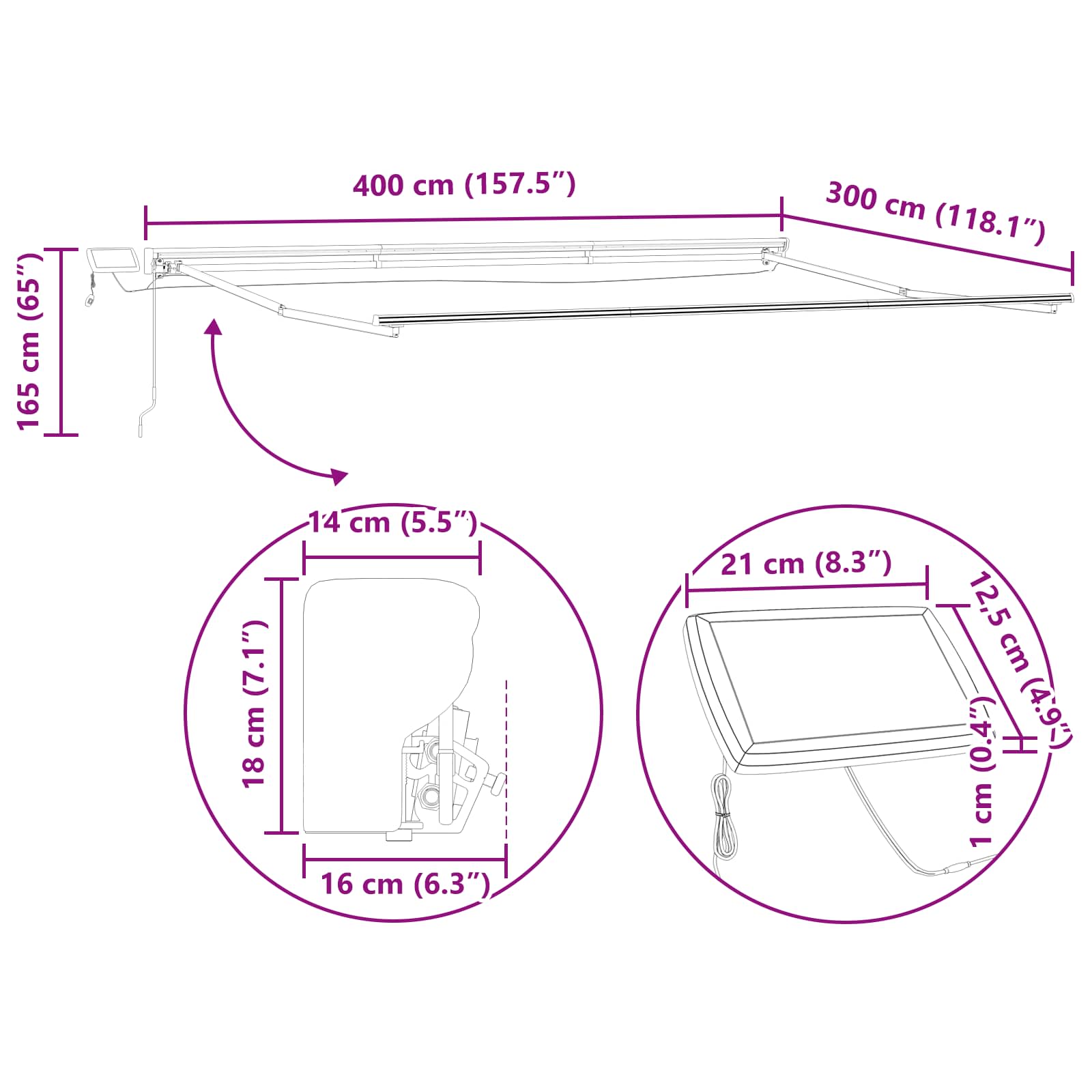Manueller Markisenrahmen mit LEDs Anthrazit 4 x 3 m Aluminium