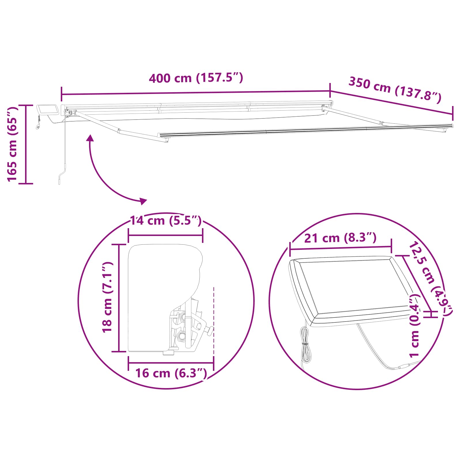 Manueller Markisenrahmen mit LEDs Anthrazit 4 × 3,5 m Aluminium