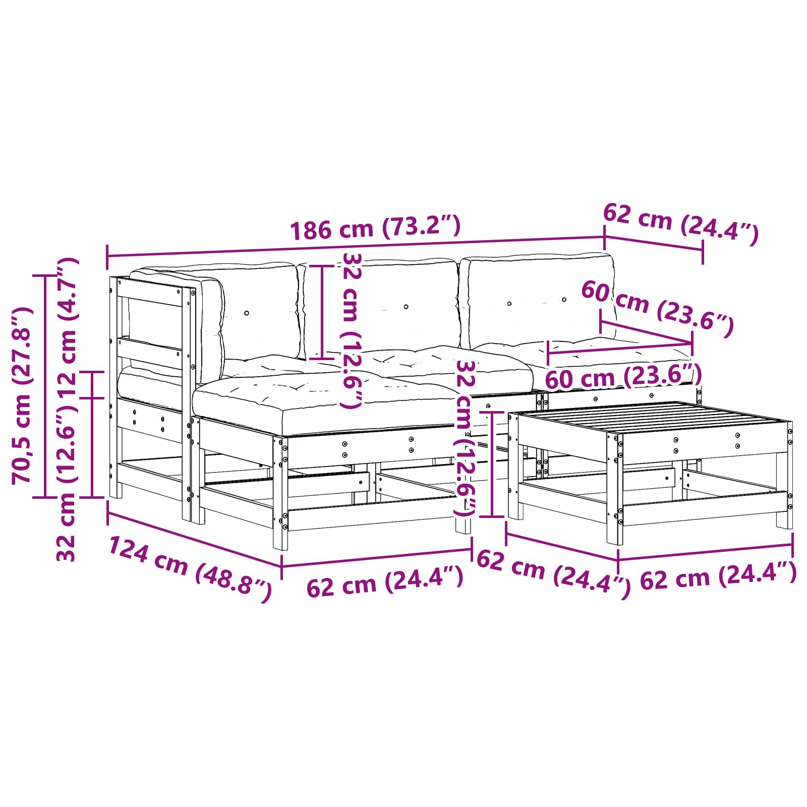 Garten-Lounge-Set 5 pcs Wachsbraun Massives Kiefernholz