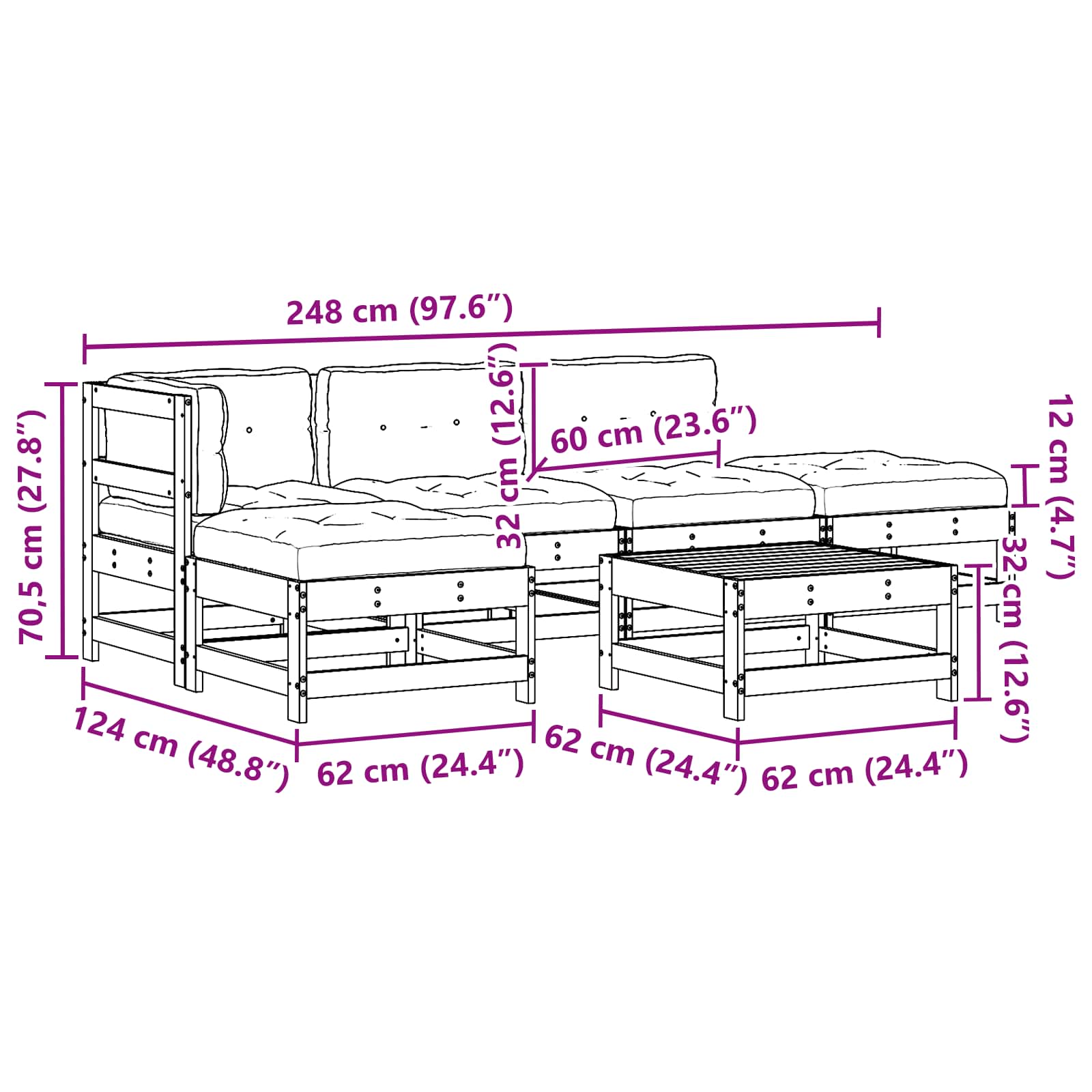 Garten-Lounge-Set 5 pcs Wachsboden Kiefer Massives Kiefernholz