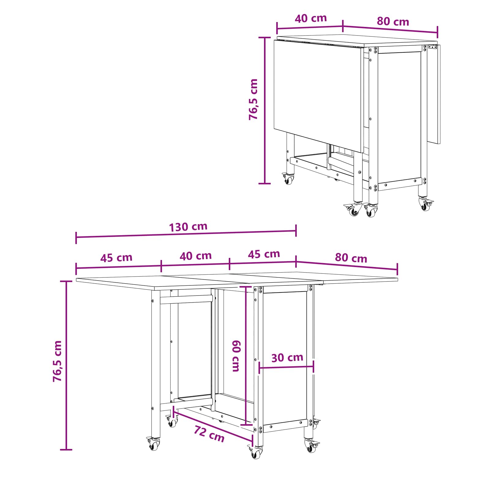 Faltbarer Esstisch mit Rollen 130 x 80 x 76,5 cm Stahl PB