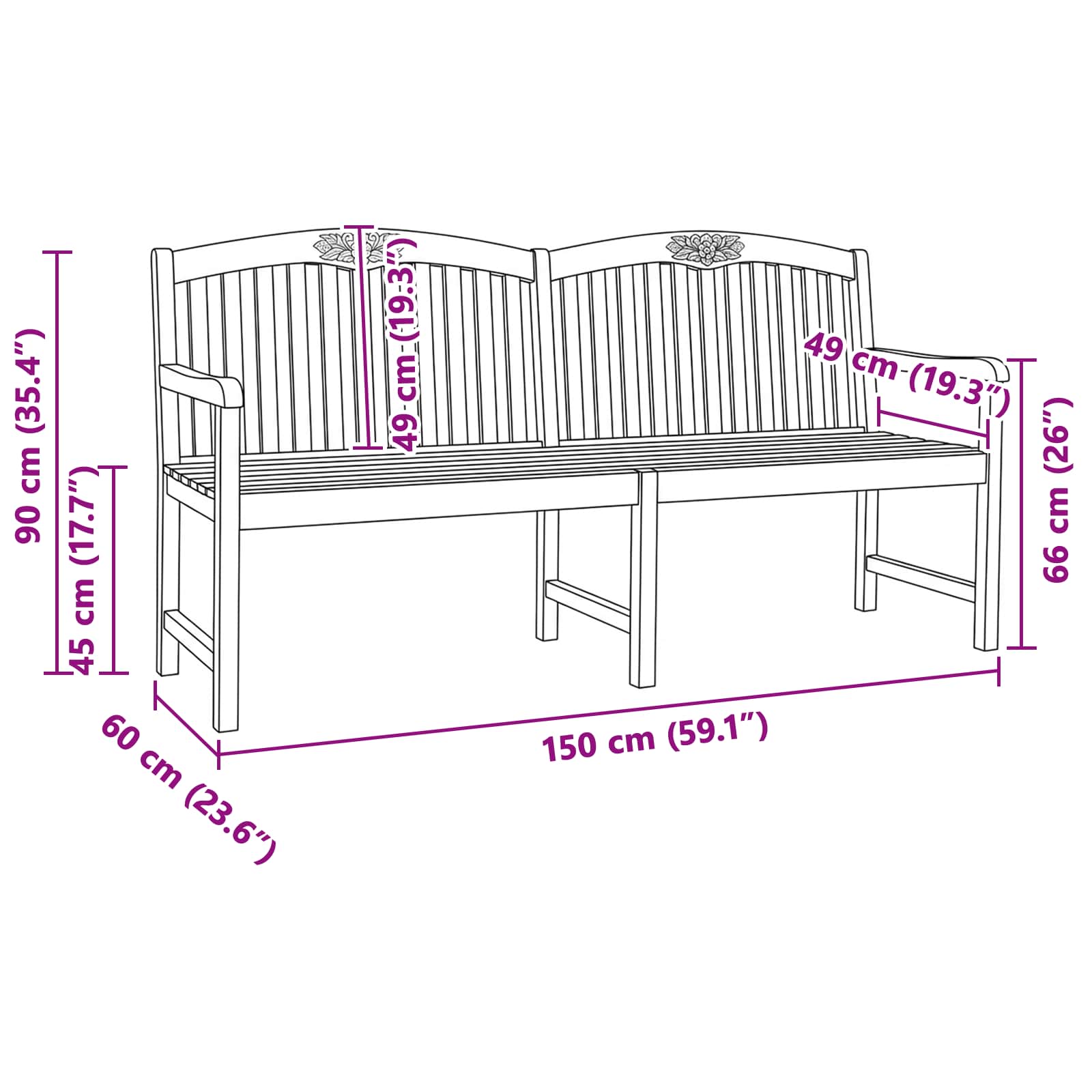 Handgefertigte Rosenbank Natur 150 x 60 x 90 cm Massivholz Teak