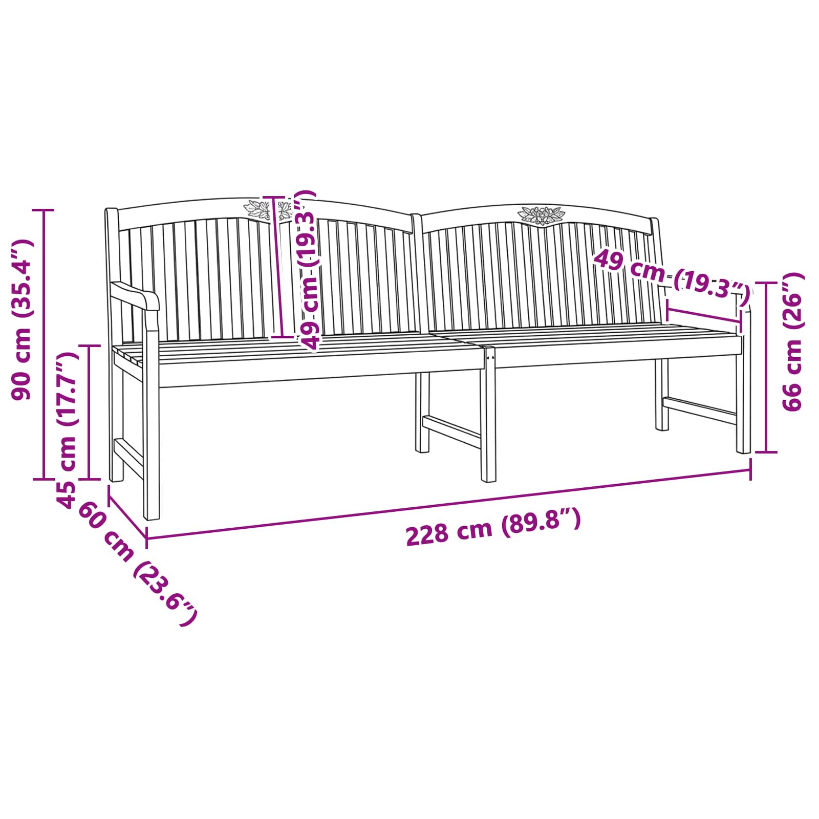 Handgefertigte Rosenbank Natur 228 x 60 x 90 cm Massivholz Teak
