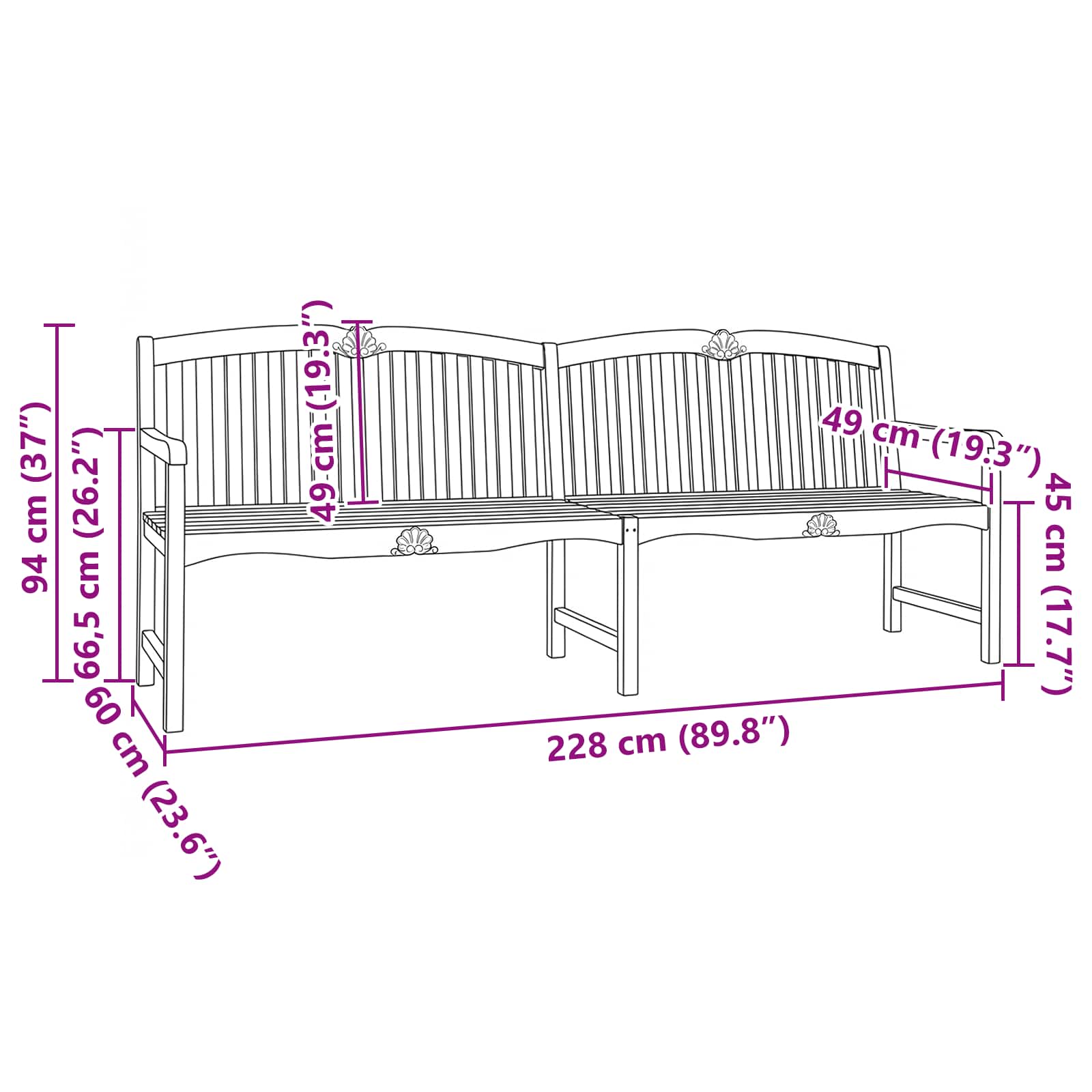 Handgefertigte Rosenbank Natur 228 x 61 x 94,5 cm