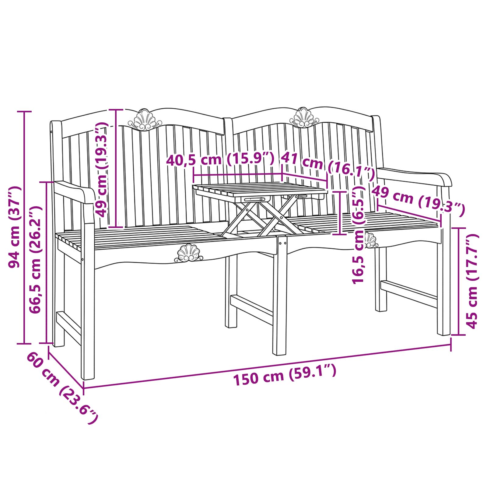 Handgefertigte Rosenbank Natur 155 x 60 x 94 cm Massivholz Teak