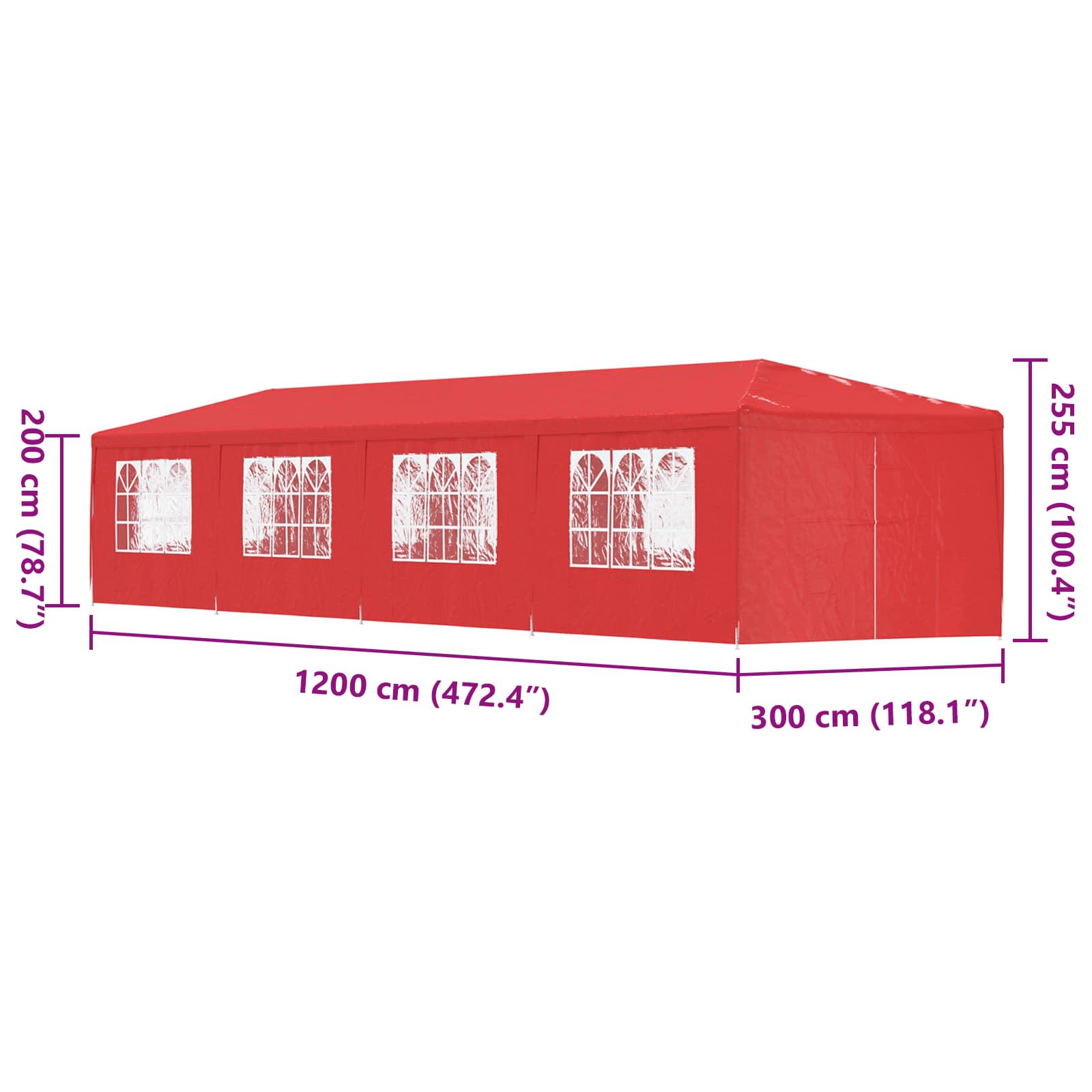 Party-Zelt 1200 x 300 x 255 cm Rot PE und Stahl