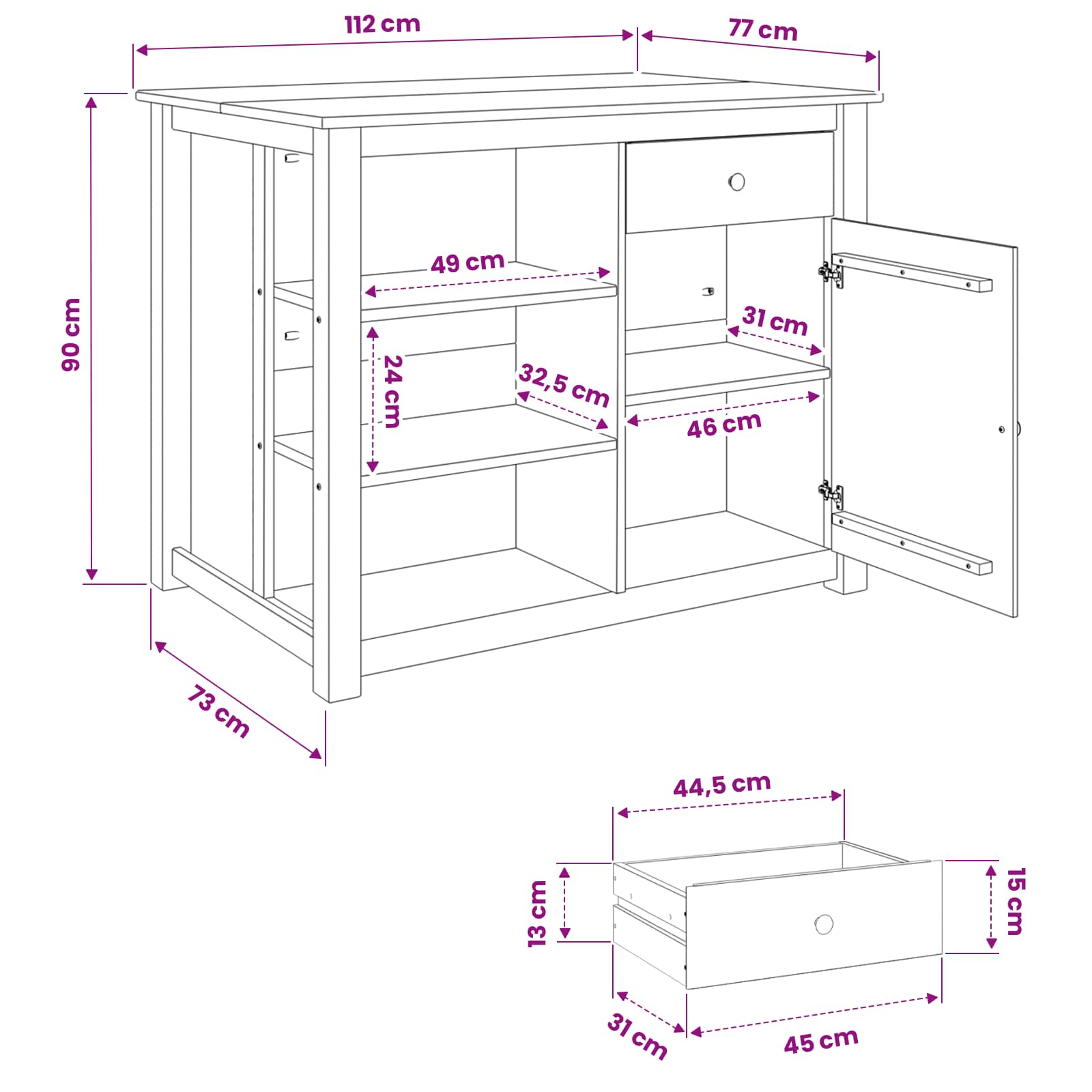 Küchentrolley mit Tür PANAMA 2 pcs Honigwachs 112 x 77 x 90 cm