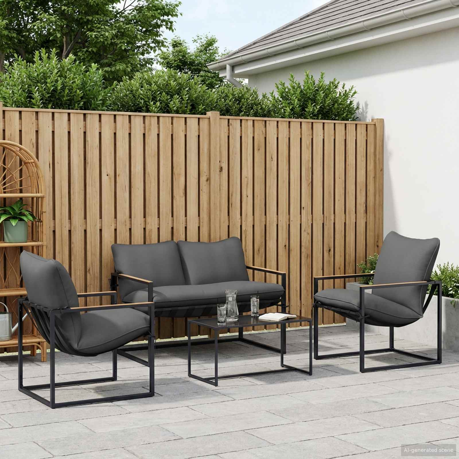 Gartensofa-set 4 pcs Schwarz und Anthrazit Stahl