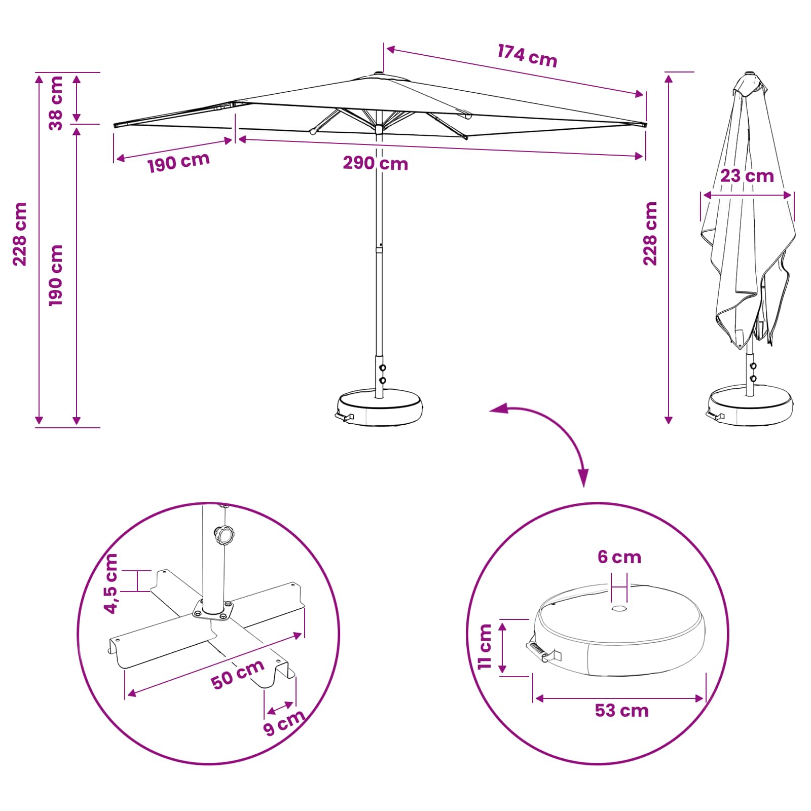 Garten-Sonnenschirm 200 x 300 cm Polyester Rechtwinklig Schwarz