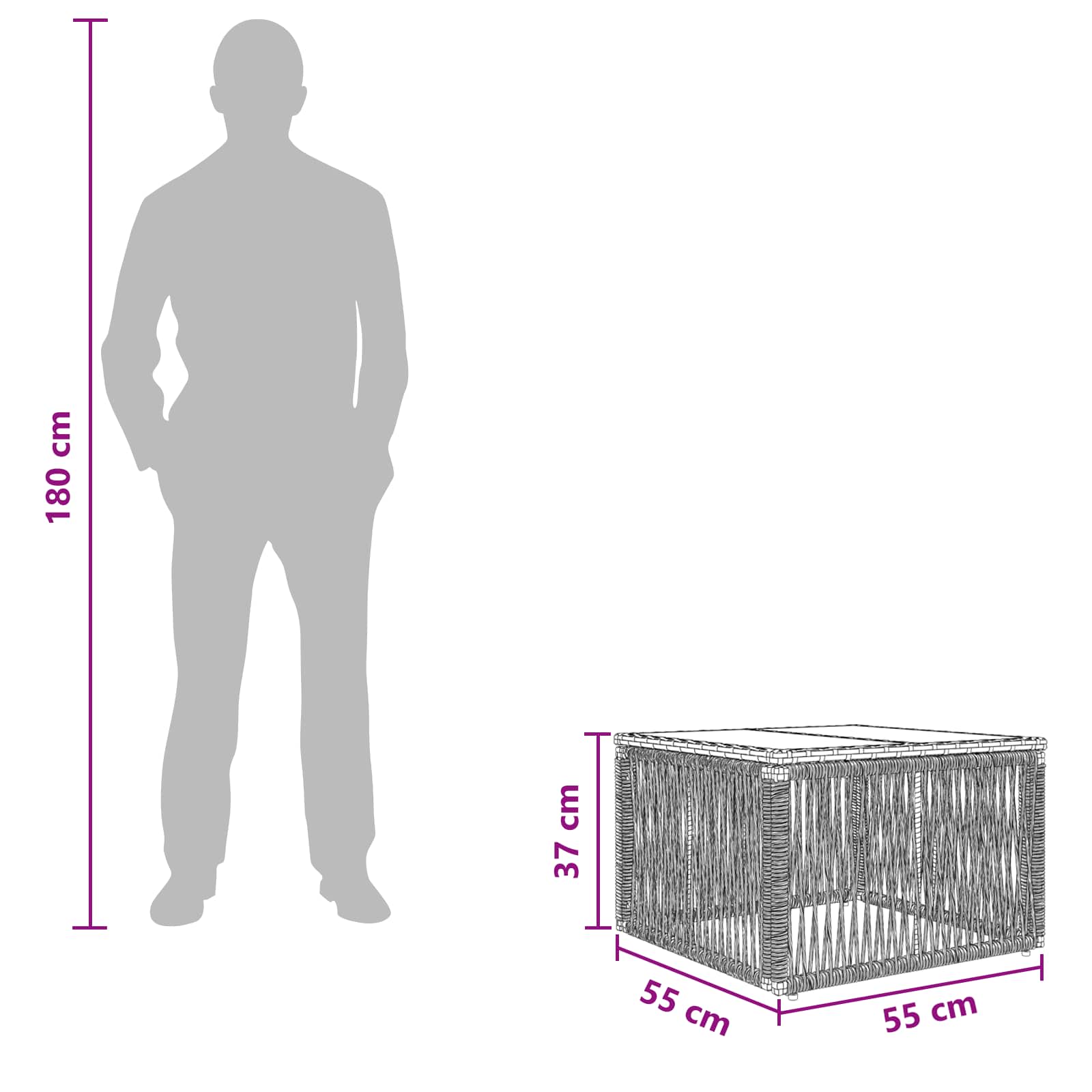 Gartentisch Grau und Schwarz 55 x 55 x 37 cm PE Rattan und Glas