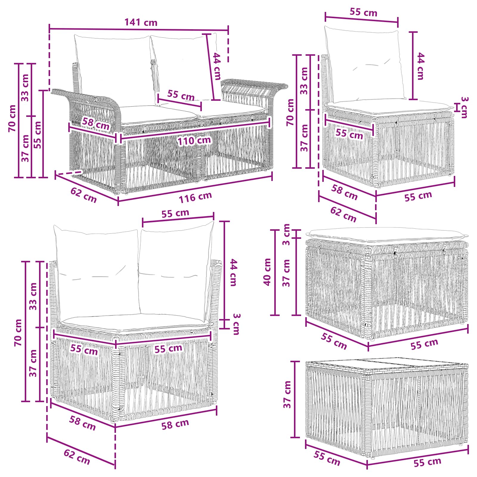 Gartensofa-set 10 pcs Schwarz und Cremeweiß Poly-Rattan