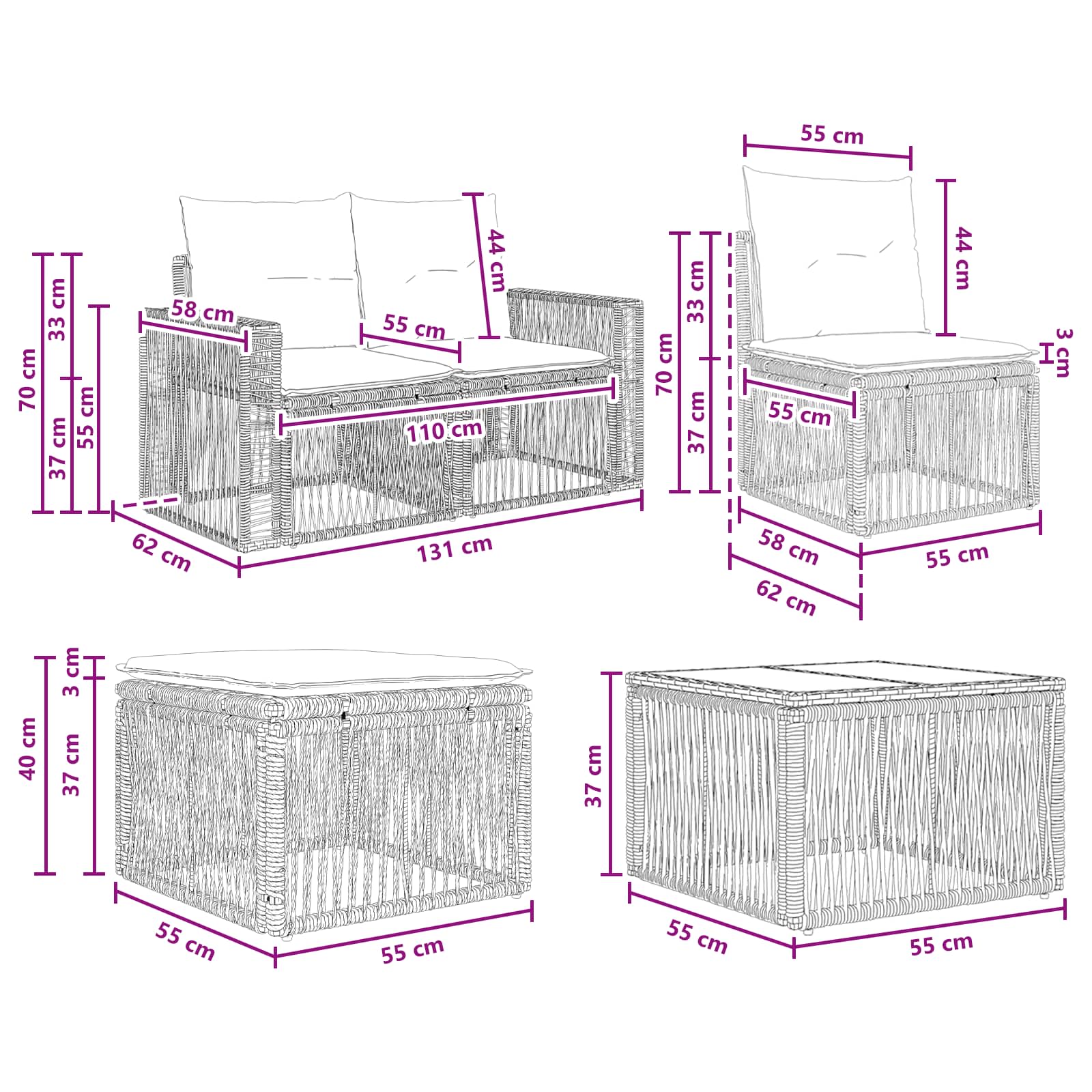 Gartensofa-set 11 pcs Schwarz und Cremeweiß Poly-Rattan