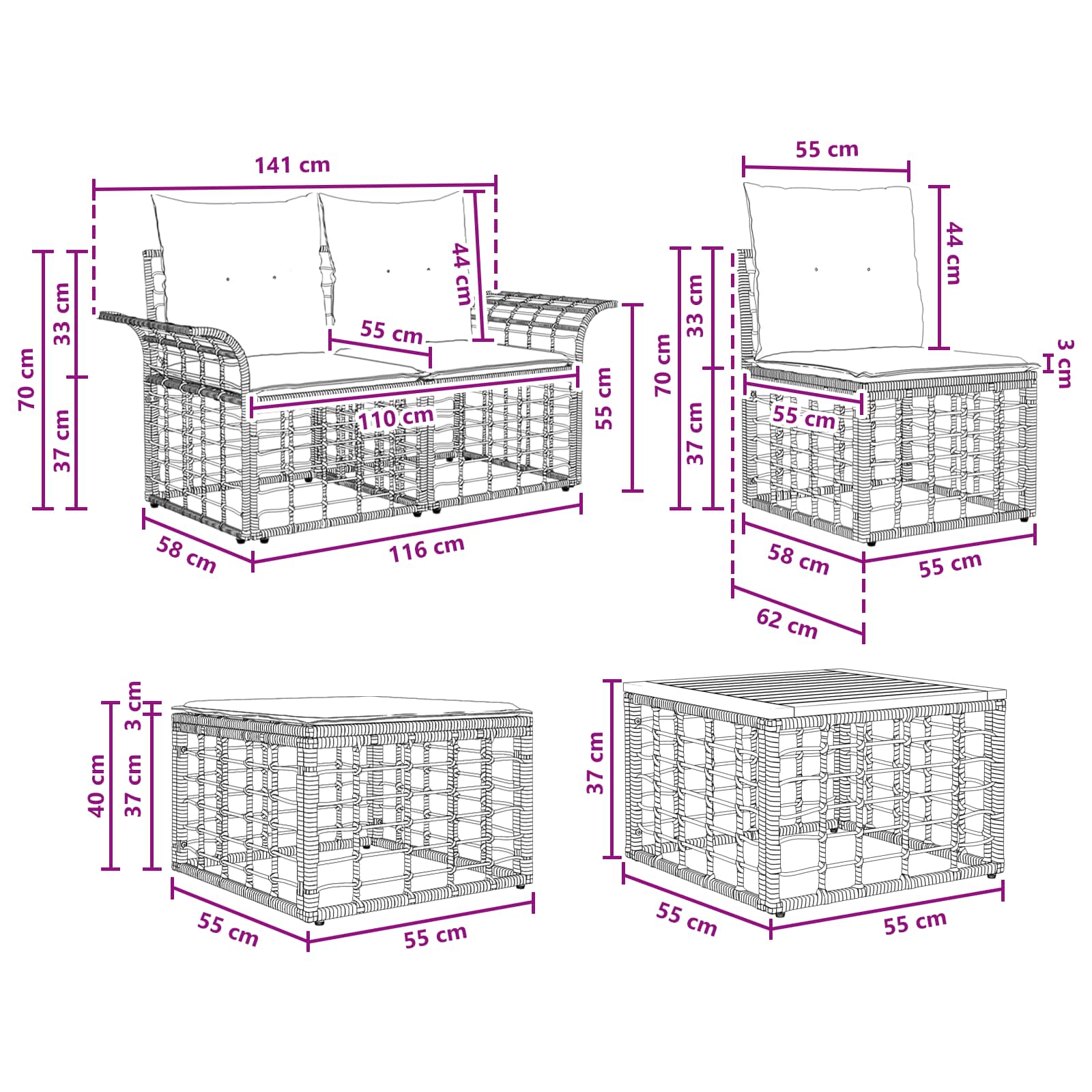 Outdoor-Sofagarnitur 7 pcs Natürlich und Cremweiß Polyester