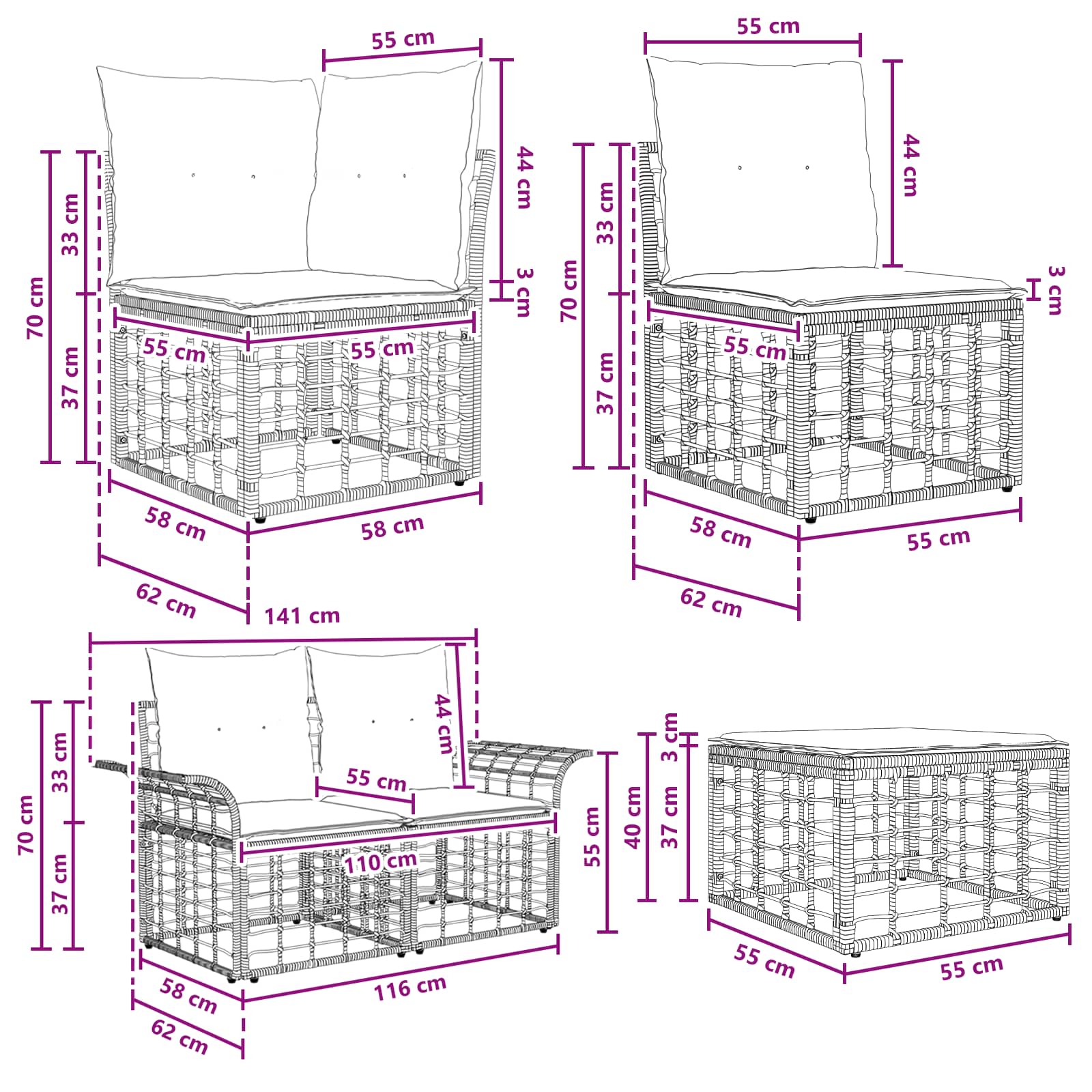 Gartensofa-set 12 pcs Schwarz und Dunkelgrau Poly-Rattan