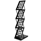 Lausitzer Marktplatz A4-Broschürenständer aus schwarzem Metall mit vier Stufen und kreisförmigen Ausschnitten. Inklusive Transporttasche.