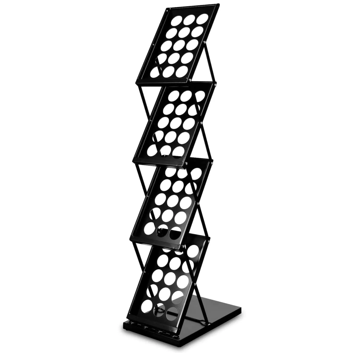 Lausitzer Marktplatz A4-Broschürenständer aus schwarzem Metall mit vier Stufen und kreisförmigen Ausschnitten. Inklusive Transporttasche.