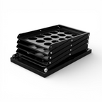 Lausitzer Marktplatz A4-Broschürenständer aus schwarzem Metall mit vier Stufen und kreisförmigen Ausschnitten. Inklusive Transporttasche.